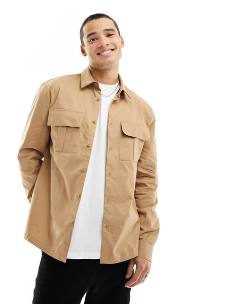 River Island double pocket utility shirt in light stone