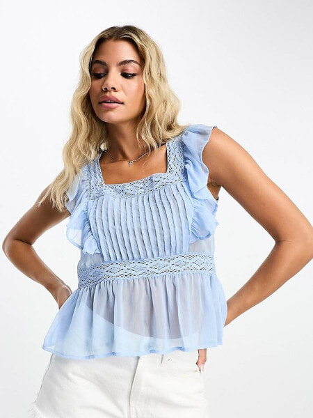 Miss Selfridge festival chiffon lace insert pintuck cami top in blue