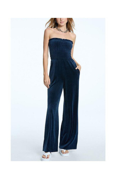 Women's Classic Velour Smocked Sleeveless Jumpsuit