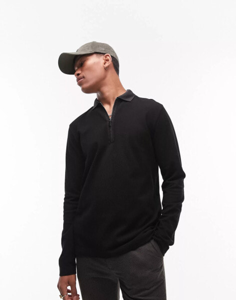 Topman long sleeve polo zip in contrast tape placket in black