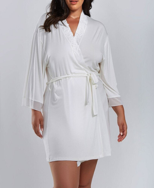 Женская пижама iCollection Cecily Plus Size Lace Robe with Mesh Trimmed Sleeves and Self Tie with Sash