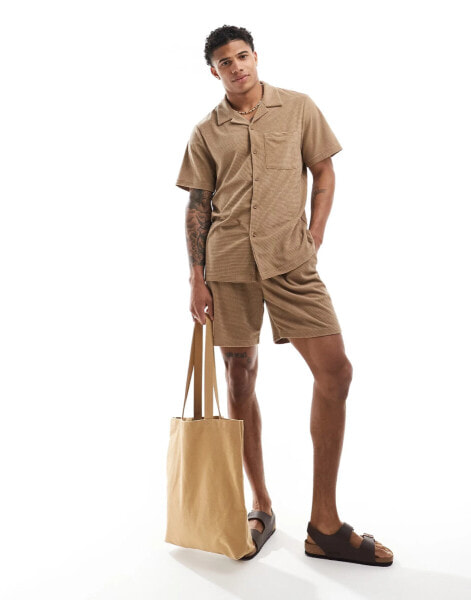 South Beach waffle towelling beach shirt co-ord in tan