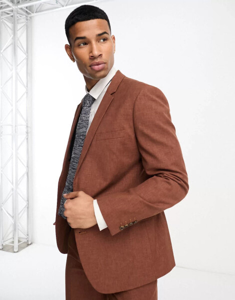 ASOS DESIGN slim suit jacket in chocolate slubby texture