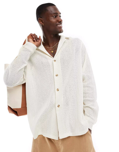 ASOS DESIGN relaxed revere shirt in cream basket weave