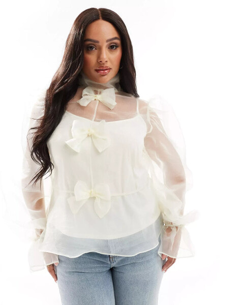 ASOS LUXE Curve organza long sleeve top with bow detail and cami in ivory