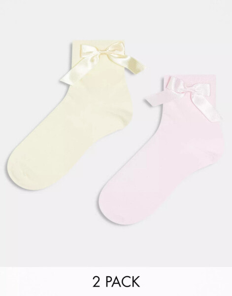 ASOS DESIGN 2 pack bow ankle socks in yellow and pink