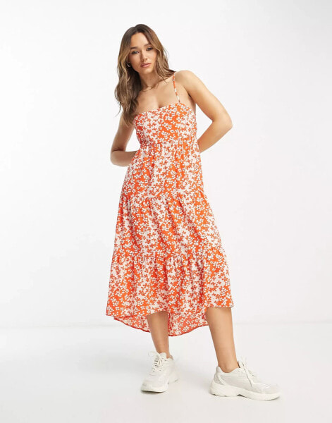 ASOS DESIGN open back tiered hi low hem maxi dress in red floral print