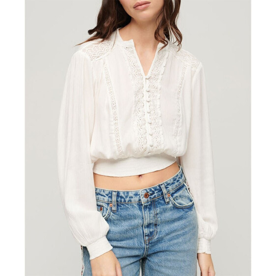 SUPERDRY Lace Trim Smocked Long Sleeve Blouse