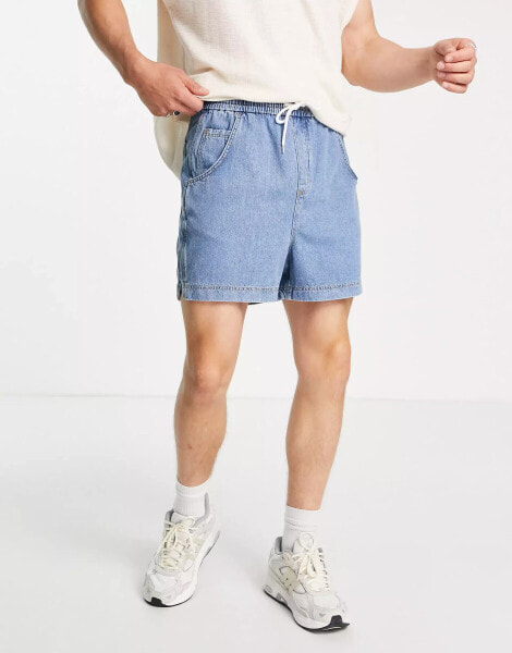 ASOS DESIGN skinny regular length denim shorts with elasticated waist in mid wash