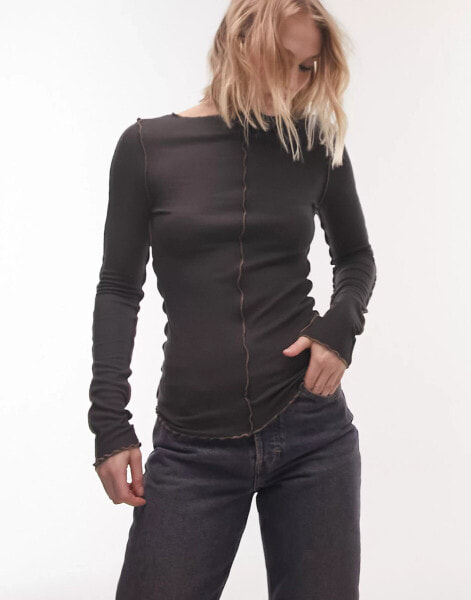 Topshop premium basic slash neck long sleeve top in charcoal