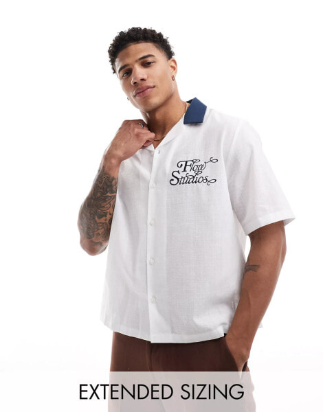 ASOS DESIGN boxy relaxed revere bowling shirt with chest embroidery in white