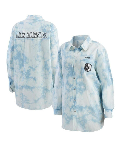 Women's White Los Angeles Kings Oversized Tie-Dye Button-Up Denim Shirt