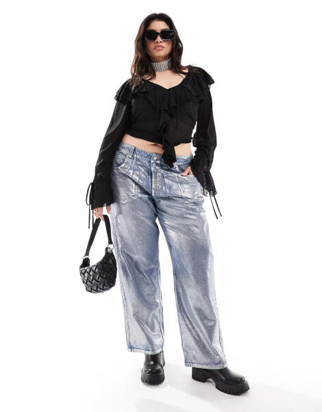 ASOS DESIGN Curve mid rise baggy boyfriend jean in metallic silver