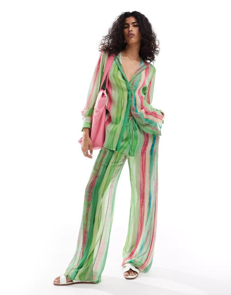 Mango stripe co-ord beach trousers in green and pink