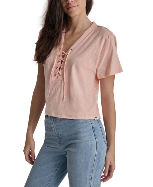 Women's Lace-Up V-Neck Short-Sleeve Tee