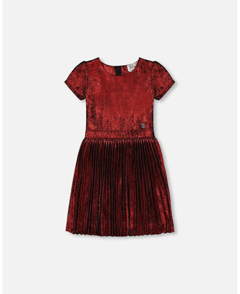 Toddler Girls Short Sleeve Dress With Pleated Skirt Metallic Red