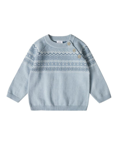 Toddler 100% Cotton Jacquard Design Long Sleeve Crew Neck Sweater w/ Shoulder Buttons, Unisex