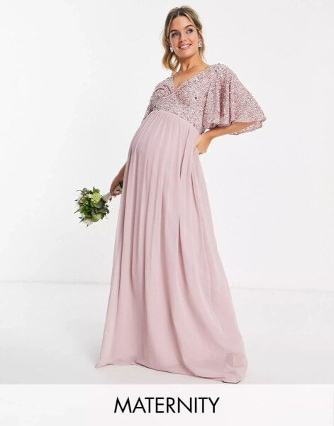 Beauut Maternity Bridesmaid emellished bodice maxi dress with flutter sleeve in frosted pink