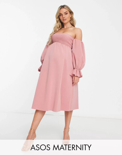 ASOS DESIGN Maternity shirred bardot blouson midi dress in soft pink