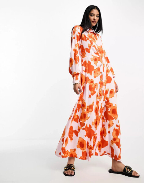 Selected Femme maxi shirt dress in bold orange floral