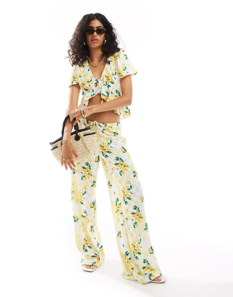 ASOS DESIGN broderie wide leg trouser in yellow lemon print