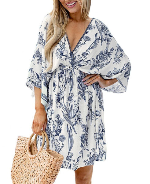 Women's Romantic Floral Dolman Sleeve Mini Beach Dress