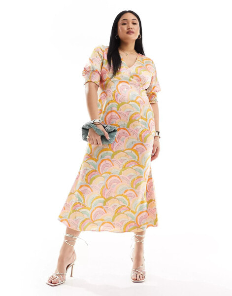 Never Fully Dressed Plus metallic puff sleeve midaxi dress in rainbow print