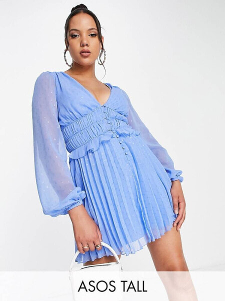 ASOS DESIGN Tall button through ruched waist pleated mini dress in metallic dobby in cornflower blue