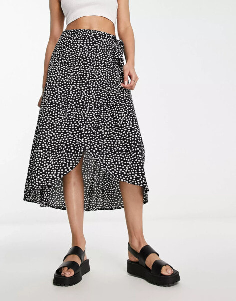 Pieces wrap midi skirt in black & white spot