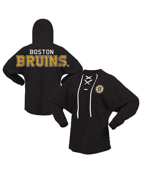 Women's Black Boston Bruins Jersey Lace-Up V-Neck Long Sleeve Hoodie T-shirt