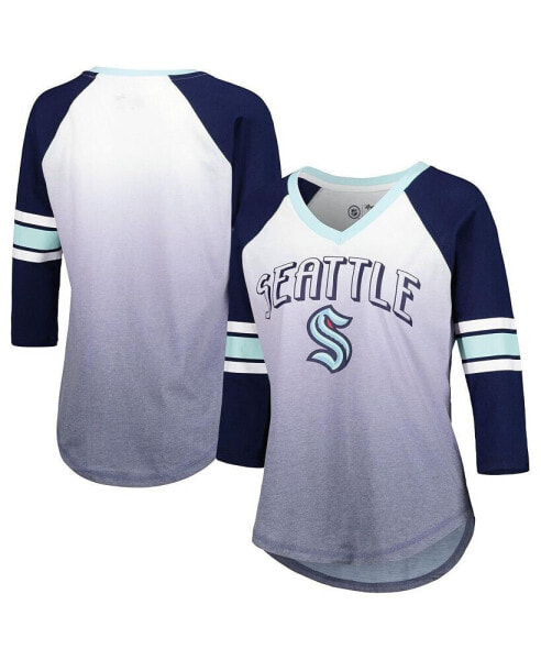 Women's Deep Sea Blue Seattle Kraken Lead Off Tri-Blend Raglan 3/4-Sleeve V-Neck T-shirt