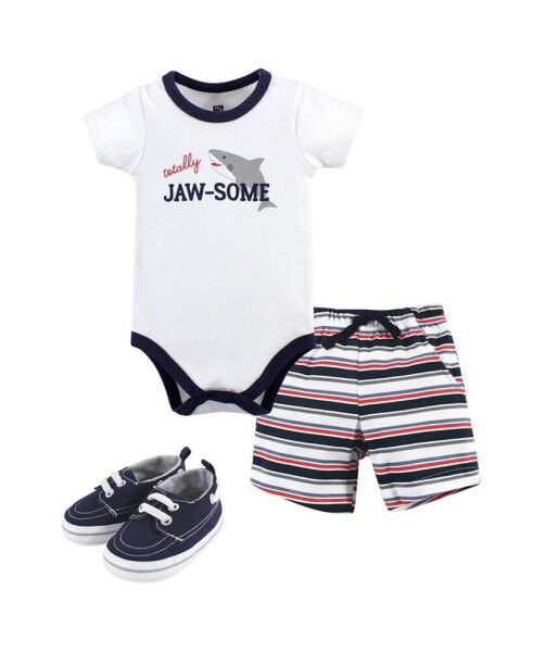 Baby Boys Cotton Bodysuit, Shorts and Shoe 3pc Set, Blue Shark