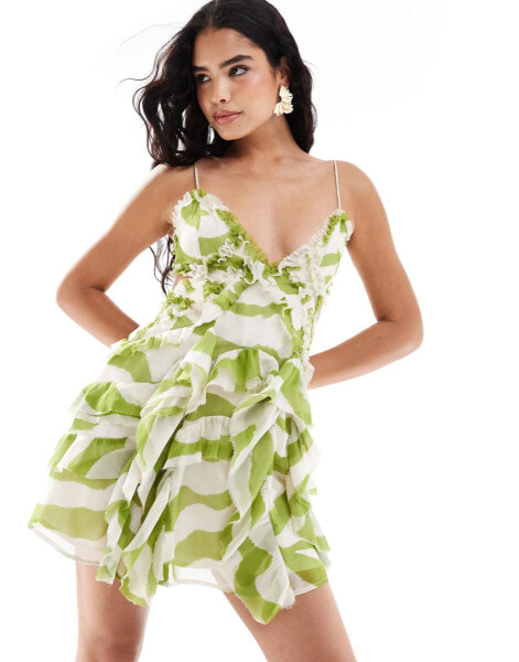 ASOS DESIGN frill detail cut out cami in dress in green zebra print