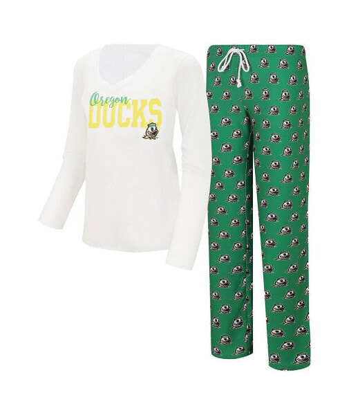 Women's White, Green Oregon Ducks Long Sleeve V-Neck T-shirt and Gauge Pants Sleep Set