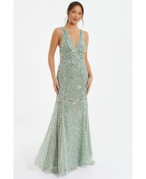 Women's Sequin V-Neck Strappy Evening Dress