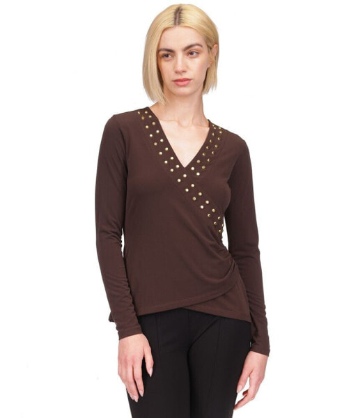 MICHAEL Women's Astor Studded Faux-Wrap Top