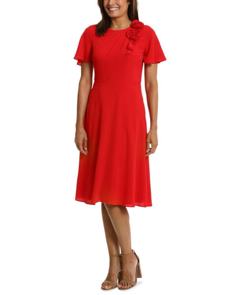 Women's Rosette Flutter-Sleeve Midi Dress