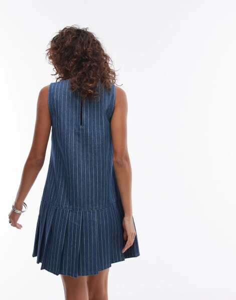 Topshop denim mini pleated drop hem dress in blue stripe