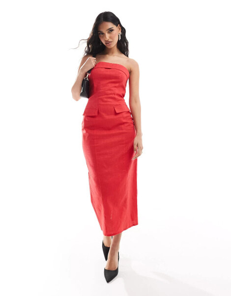 Kaiia linen look tailored fold over bandeau pocket detail maxi dress in red