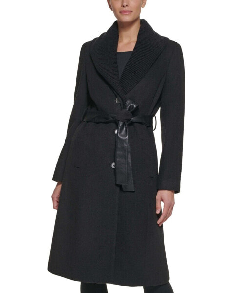 DKNY Women's Knit-Collar Belted Wrap Coat Black XS