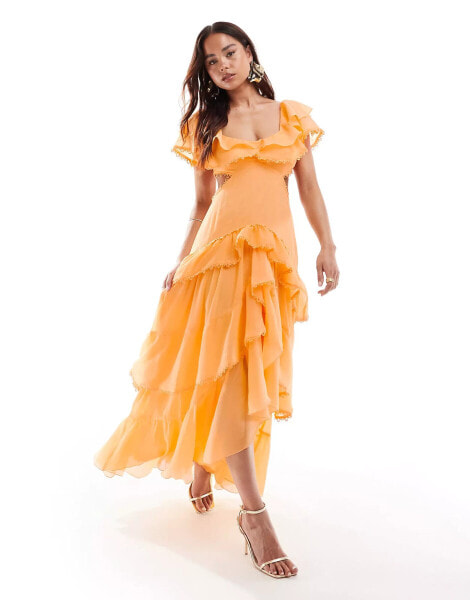 ASOS DESIGN flutter sleeve maxi dress with tiered skirt and lace trim in soft orange