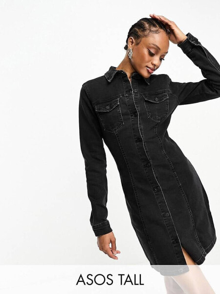 ASOS DESIGN Tall denim fitted shirt dress in black