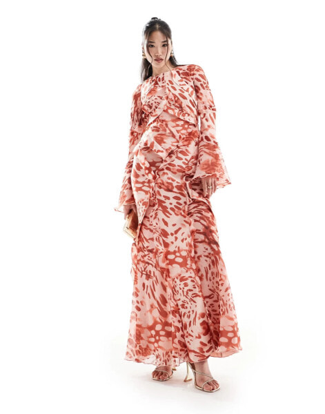 ASOS DESIGN long sleeve ruffle maxi in satin and chiffon mix in red animal print