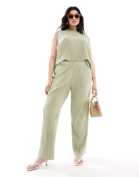 Vero Moda Curve plisse wide leg trouser co-ord in khaki