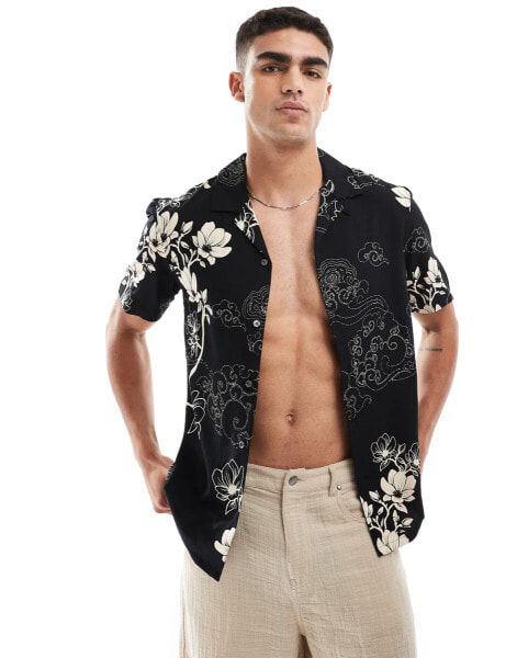 French Connection short sleeve floral print revere shirt in black