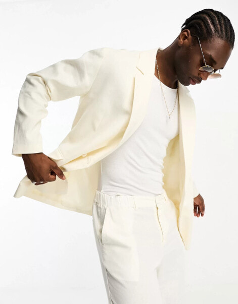 ADPT relaxed fit double breasted suit jacket in off white linen