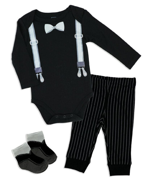 Baby Boys Suspender Bodysuit, Pants and Socks, 3 Piece Set