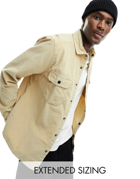 ASOS DESIGN cord overshirt with poppers in stone