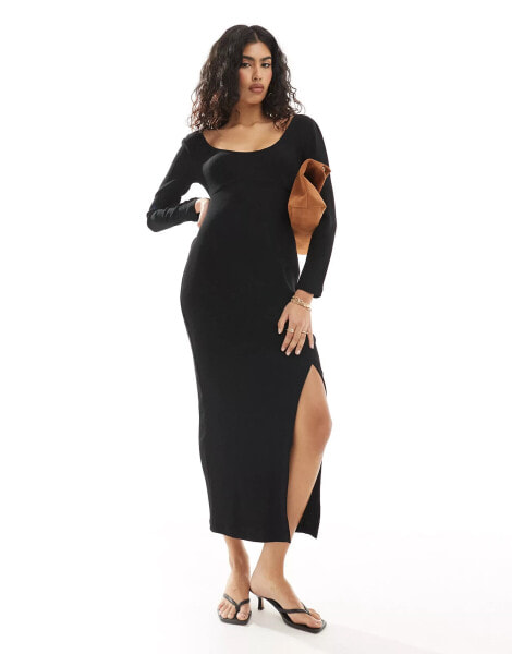 Closet London ribbed bodycon maxi dress with side split in black