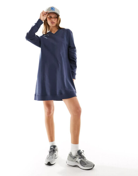 ASOS DESIGN v neck long sleeve mini sweat dress in navy